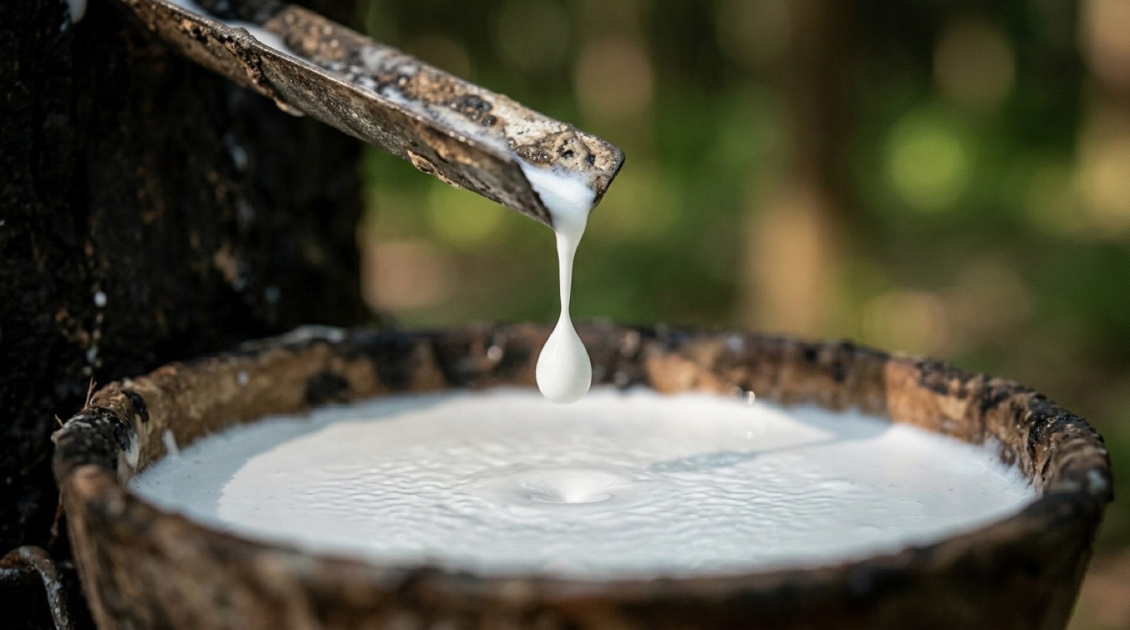 Latex tapped from a VHHC-sourced rubber tree, dripping into a collection bowl
