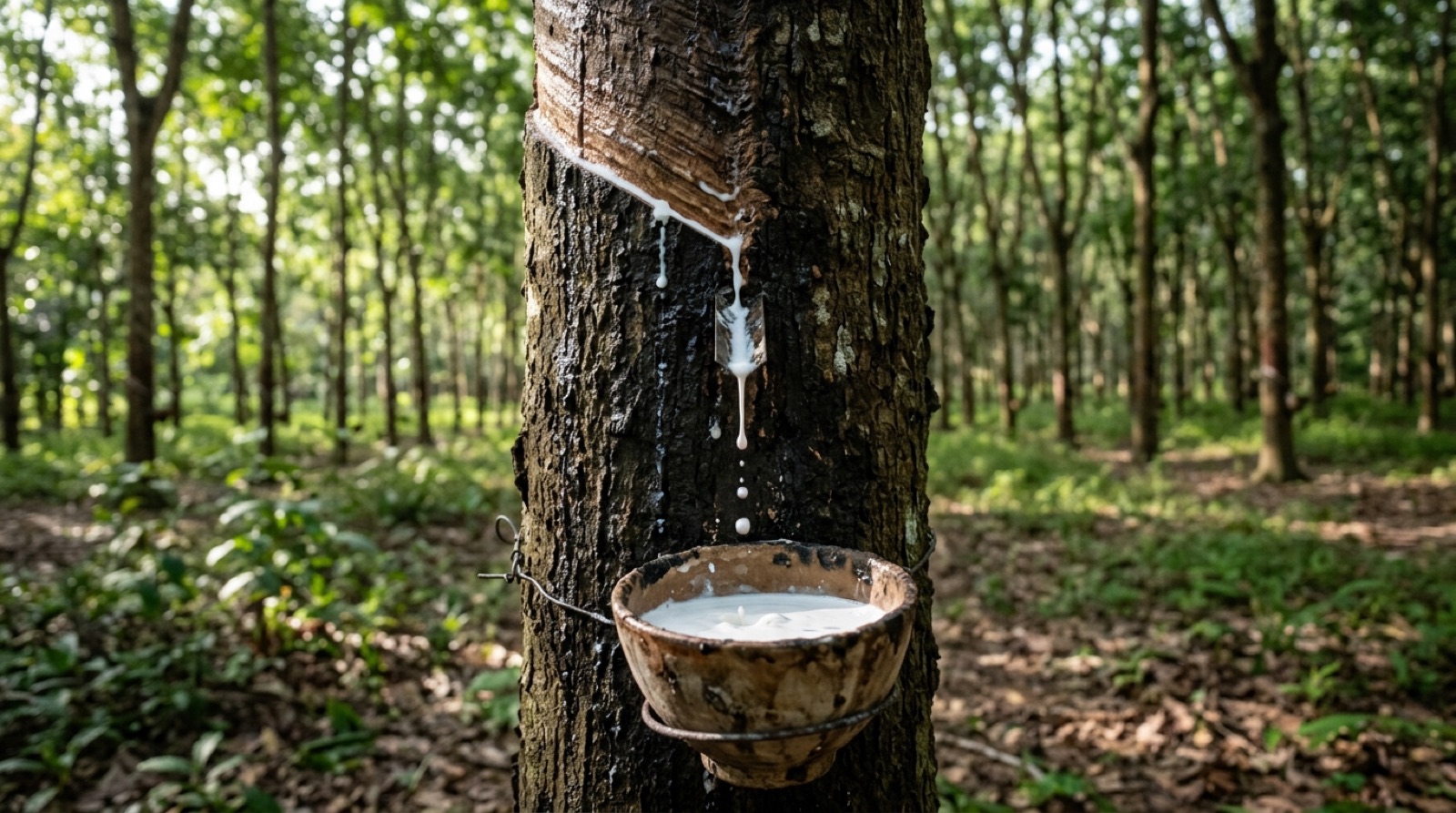 Natural rubber tapping on a Southeast Asian plantation